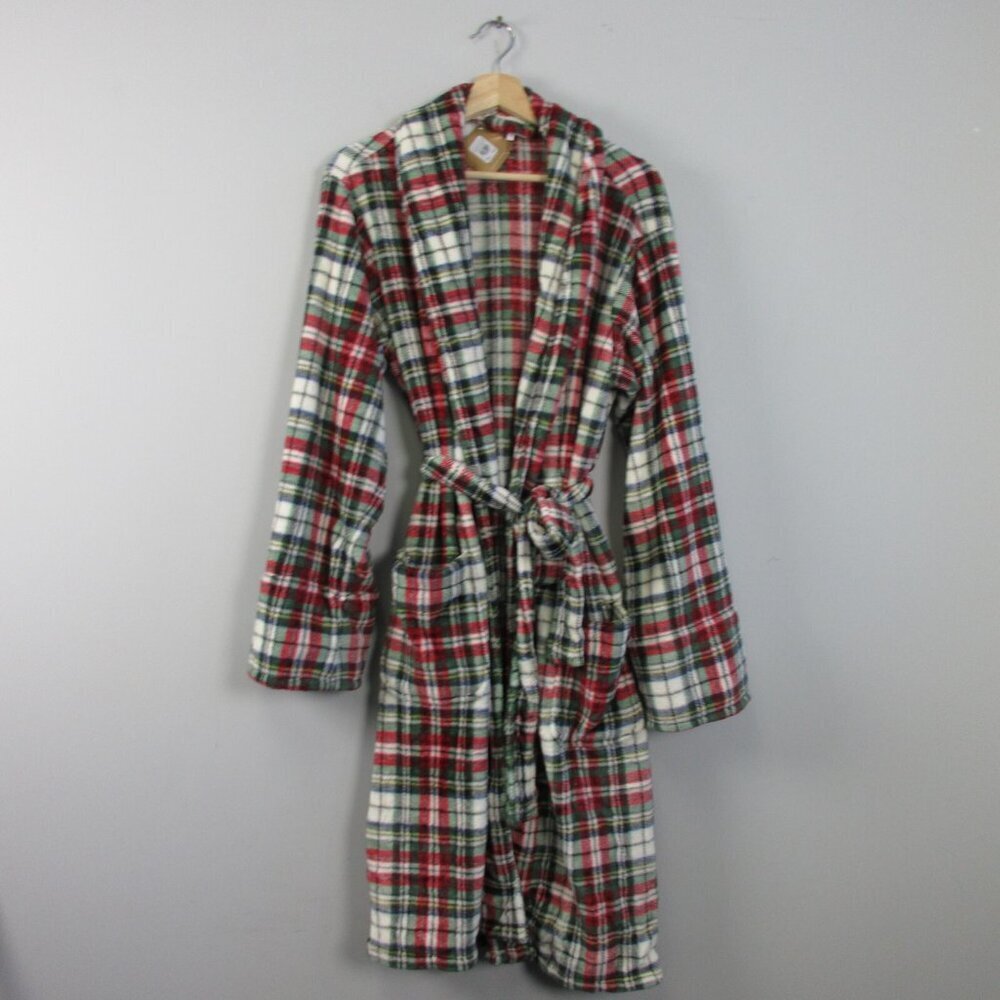 Pottery Barn Women's Plaid Robe Medium Red Multicolor Belted Long Sleeve 692